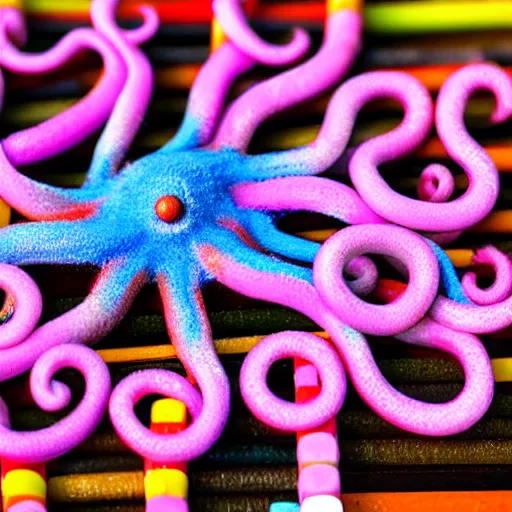 Image similar to octopus made of crayons, 8 k macro photo with dark lighting