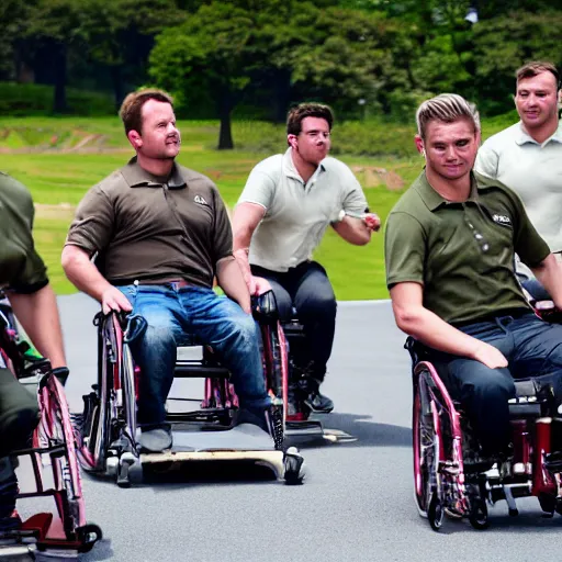 Prompt: men in khaki on wheelchairs with turbo engines compete on a race track