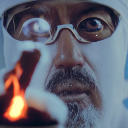 Image similar to cinematic film still of PontiacMadeDDG starring as a Japanese Sensei with fire, Japanese CGI, VFX, 2003, 40mm lens, shallow depth of field, film photography