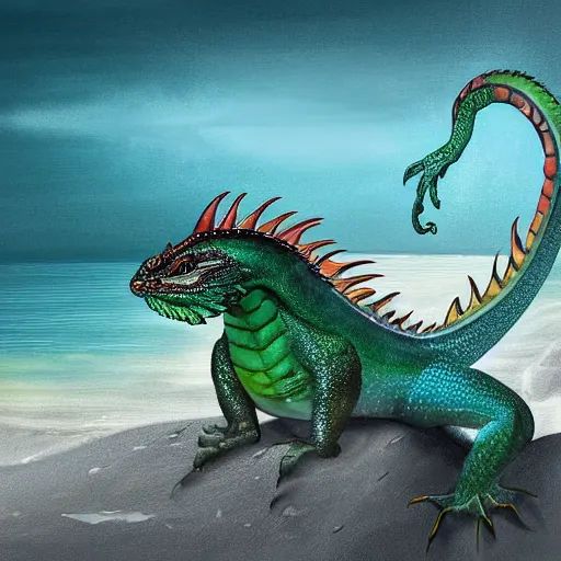 Image similar to a water dragon getting out of the ocean, digital art, fantasy art