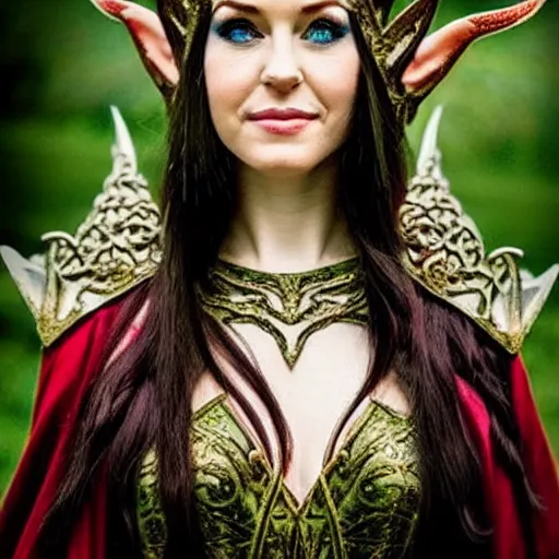 Prompt: photo of a real-life beautiful elven queen with ornate robes and crown