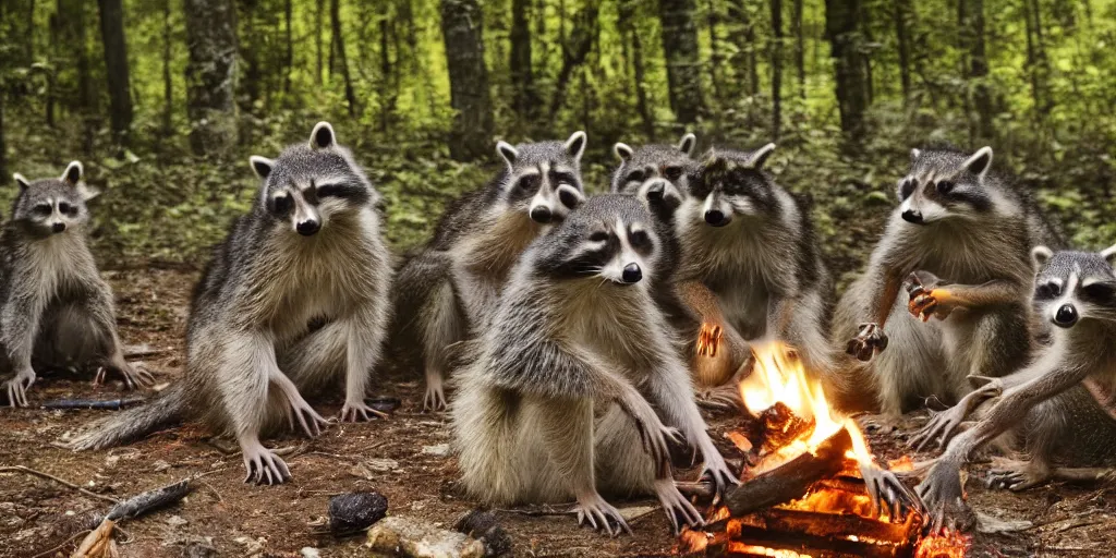 Prompt: a group of racoons sitting around a campfire in the middle of the forest, surrounded by fireflies. photograph