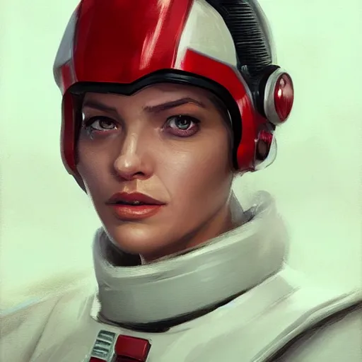 Image similar to portrait of a woman by greg rutkowski, a female starfighter pilot of the galactic triunvirate, wearing a red and white pilot uniform, star wars expanded universe, highly detailed portrait, digital painting, artstation, concept art, smooth, sharp foccus ilustration, artstation hq