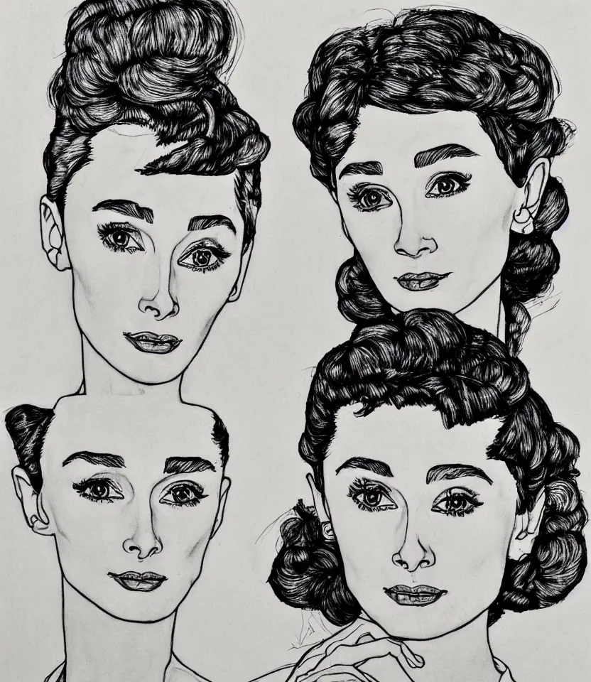 Image similar to detailed line art portrait of audrey hepburn, inspired by egon schiele. contour lines, twirls, curls, curves, strong confident personality