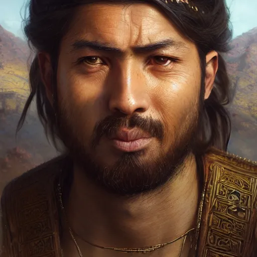 Image similar to Hyper realistic detailed portrait of a Kurdish!!!!!!!!! samurai, Stephen Bliss, unreal engine, fantasy art by Greg Rutkowski, Loish, Rhads, ferdinand knab, Makoto Shinkai and Lois van baarle, ilya kuvshinov, rossdraws, Tom Bagshaw, alphonse mucha, global illumination, radiant light, detailed and intricate environment, highly detailed, award winning art