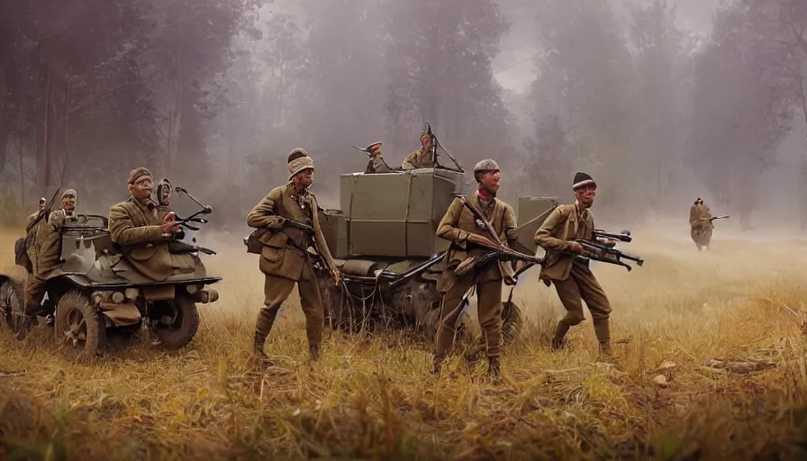 Image similar to British soldiers with a Lewis gun armed truck in 1921 in kerala forest road, tribe members attacking, action scene, an epic fantasy, dramatic lighting, cinematic, establishing shot, extremely high detail, photorealistic, cinematic lighting, artstation, matte painting by simon stalenhag, horizon forbidden west