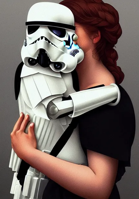 Image similar to a stormtrooper holding a fat ginger cat in his arms, star wars, intricate, elegant, highly detailed, digital painting, artstation, concept art, smooth, sharp focus, illustration, art by artgerm and greg rutkowski and alphonse mucha and william - adolphe bouguereau