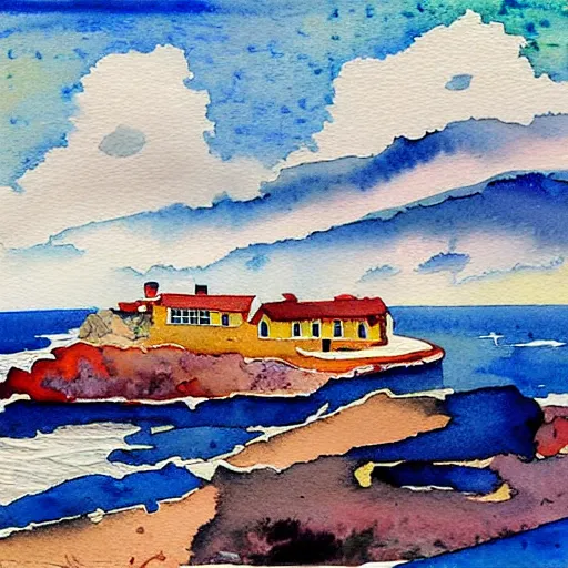 Image similar to a watercolor painting of a landscape panorama of a cozy seaside village with a menacing storm cloud on the ocean horizon, highly detailed, masterpiece, vivid colors, by anthony micallef by camille rose garcia,