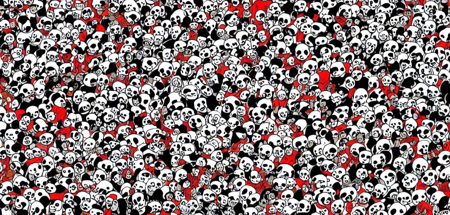 Image similar to a where's Wally challenge but with pandas, comic book style