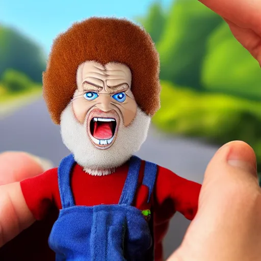 Prompt: a screaming angry bob ross doll in rear view mirror