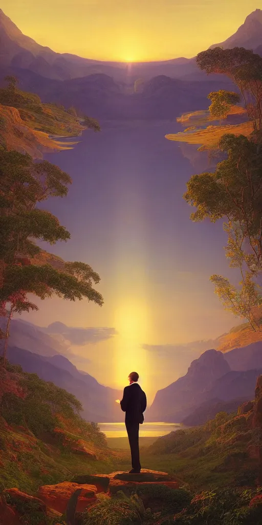 Image similar to symmetry!! god overlooking a surreal landscape of a dream, lucid dream, people, very detailed, serene, peaceful, golden hour, perfect lighting, perfect composition, digital art, illustration, frederic edwin church, 4 k