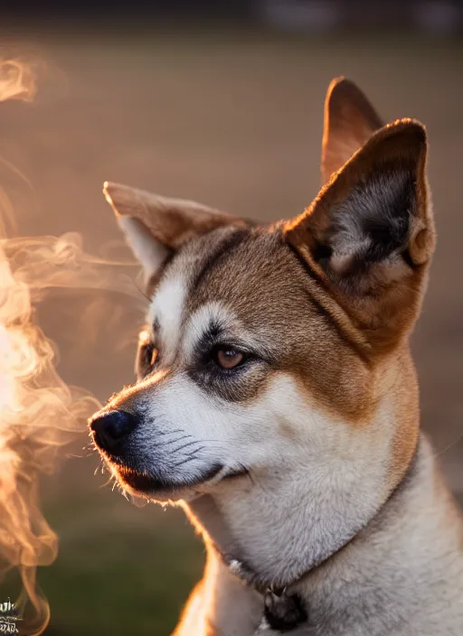 Image similar to photo of Shibu Inu smoking, 35mm, f/1.4, Golden Hour light, ,