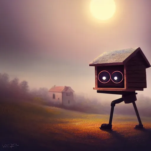 Prompt: a walking small wood house with two mechanical legs and two glowing eyes and a mouth, rust, hyperrealistic, pareidolia, highly detailed, cinematic, single ray of sun, fog, city in background, beautiful, cgssociety, artstation, 8 k, oil painting