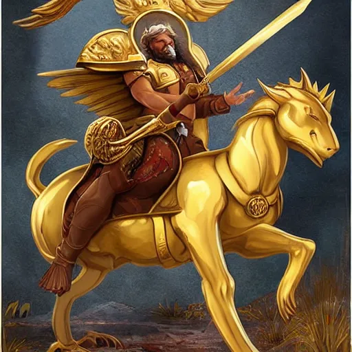 Prompt: a human king holding a golden sword and a golden shield riding a griffin, fantasy card game art