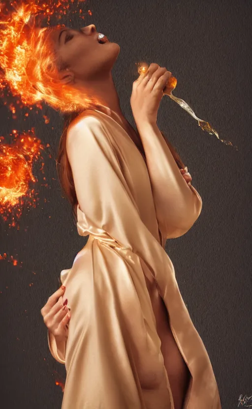 Image similar to portrait of a girl, in a silk robe, honey dripping down her top to bottom, petrolium erupting out of her mouth, hyperrealistic, hightech