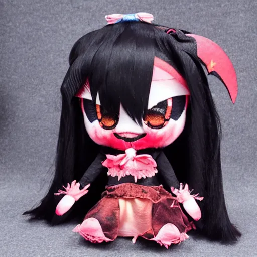 Image similar to cute fumo plush of a magical girl from the depths of hell, crying mascara, gothic maiden of the dark, tattered wings, decay, halloween, cursed, vray