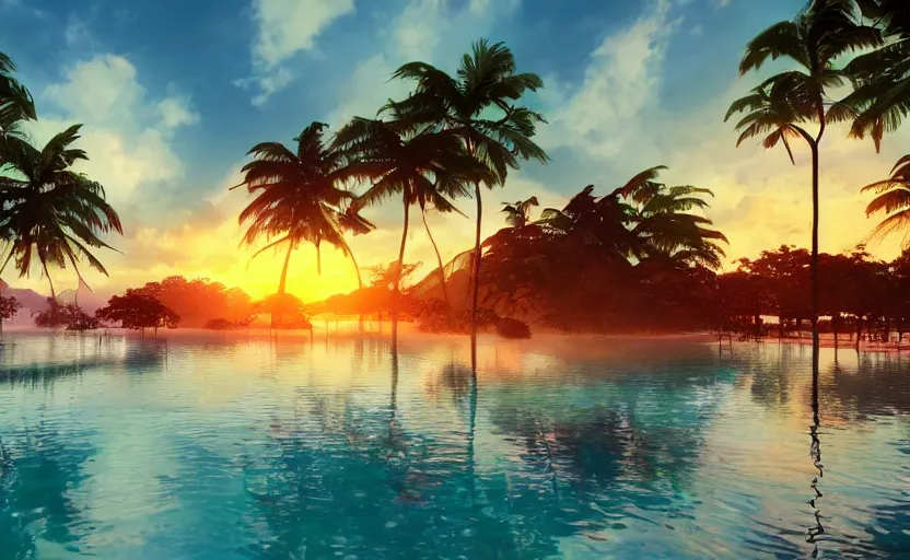 Image similar to a tropical resort in a jungle paradise, with a beautiful red and blue sunset, dynamic lighting, photorealistic fantasy concept art, trending on art station, stunning visuals, creative, cinematic, ultra detailed, ray tracing, sun rays