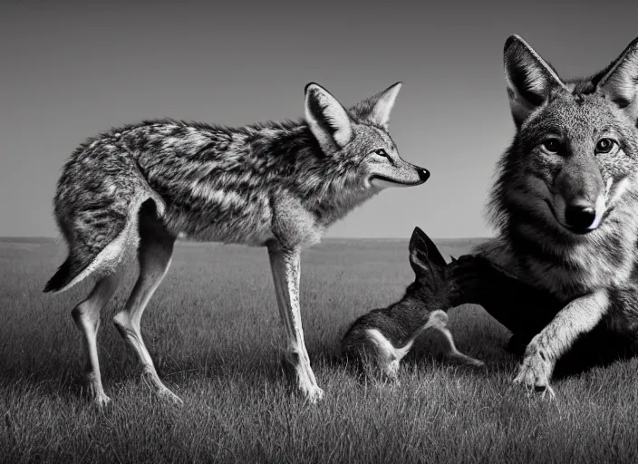 Image similar to Award winning Editorial photo of a Iroquois Native petting a wild coyote by Edward Sherriff Curtis and Lee Jeffries, 85mm ND 5, perfect lighting, gelatin silver process