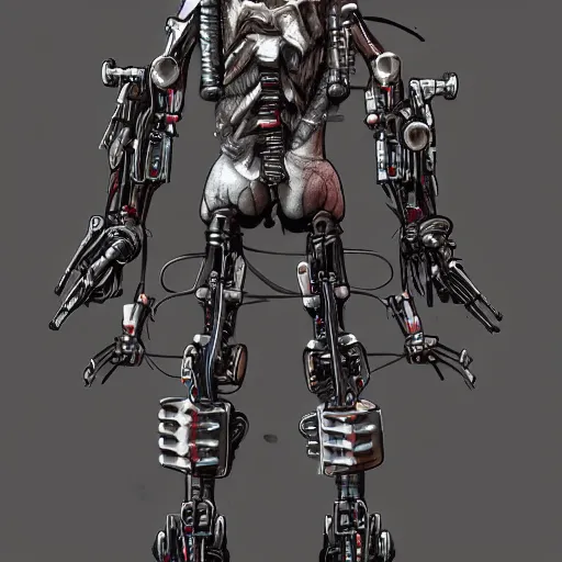 Image similar to cyberpunk back - alley prosthetic dealer, sketchy, scary abomination, demon robot, 8 k, highly detailed, photorealism