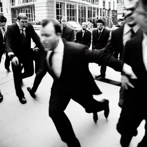 Prompt: Alex jones being chased by men in suits, scared, anxiety, paranoia, photo, 35mm, black and white