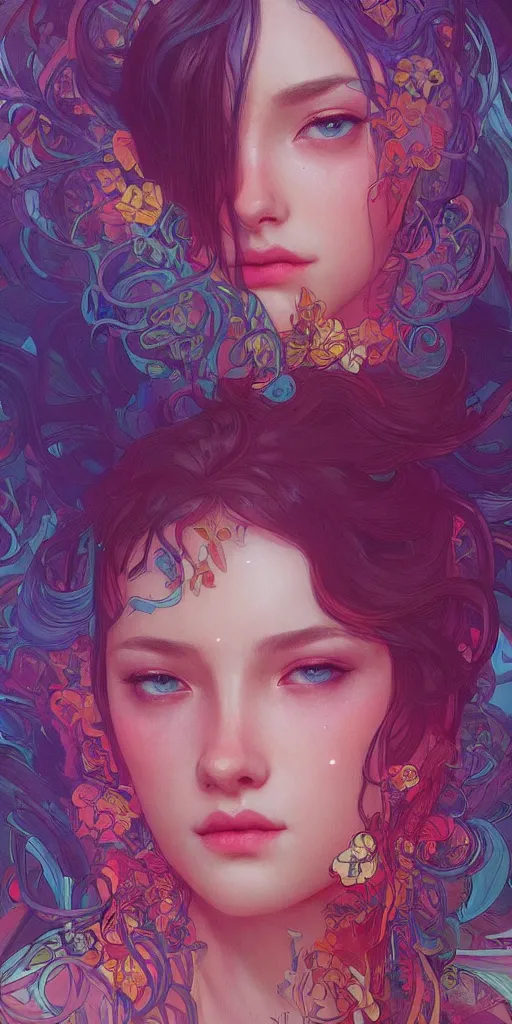 Image similar to beautiful, young woman, sad eyes, tears running down, vaporwave aesthetic, synthwave, colorful, psychedelic, long gown, ornate, intricate, digital painting, artstation, concept art, smooth, sharp focus, illustration, art by artgerm and greg rutkowski and alphonse mucha