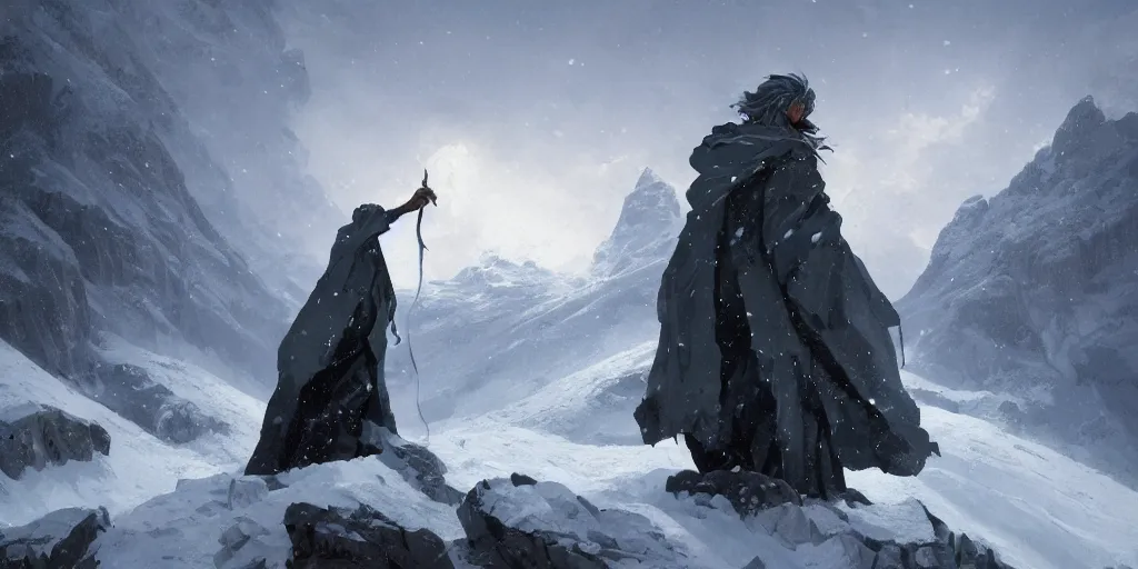 Prompt: a powerful wizard casting a spell on a snowy mountain top, greg rutkowski, 8 k, shallow depth of field, intricate detail, concept art,
