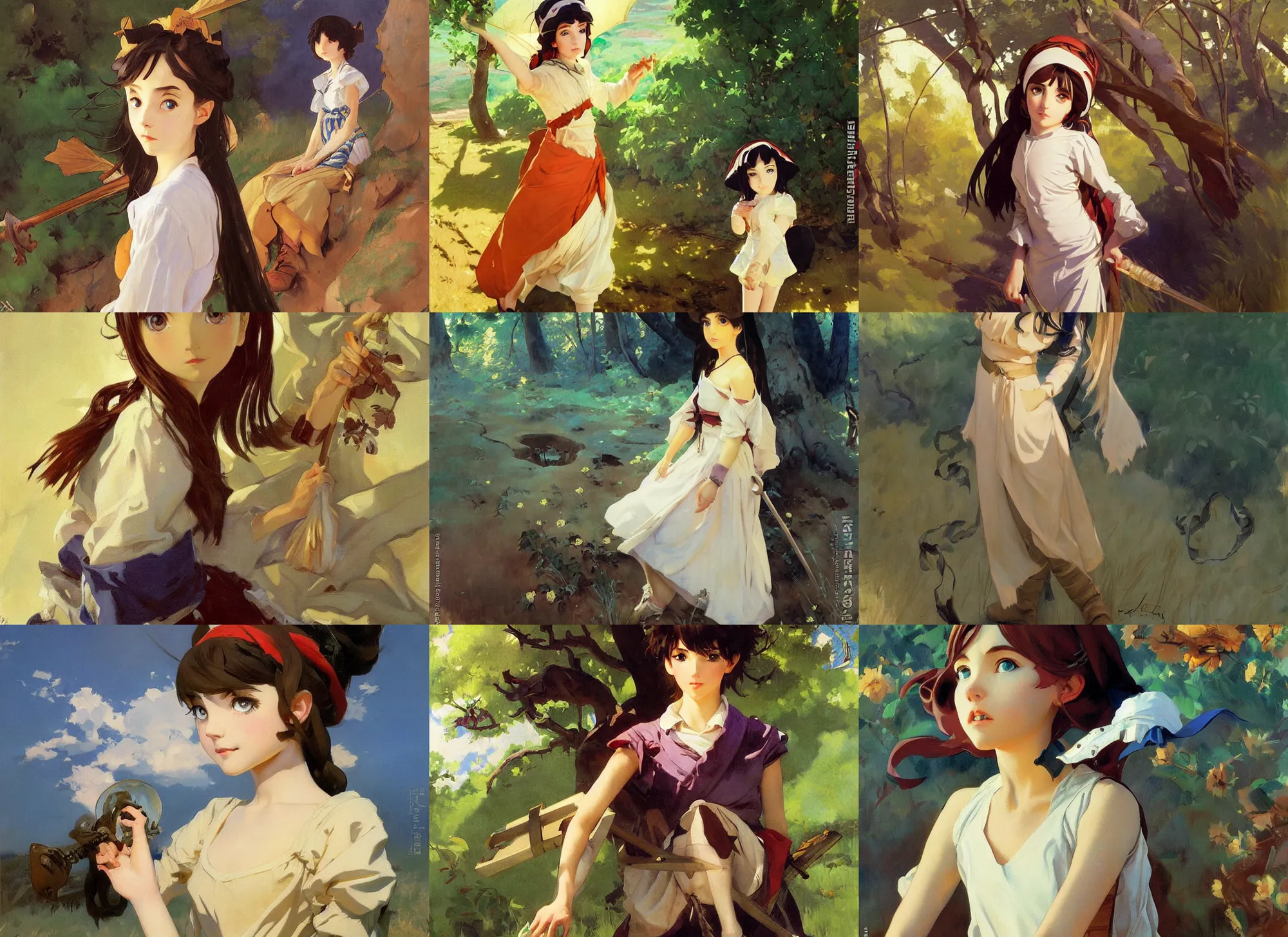 Prompt: painting by sargent and leyendecker and greg hildebrandt savrasov levitan polenov, studio ghibly anime style young girl mononoke, middle earth masterpiece