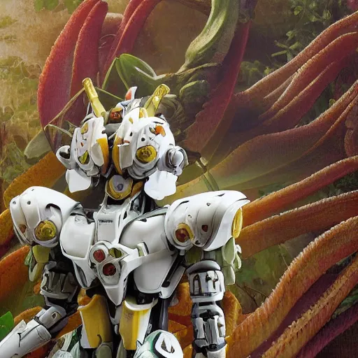 Prompt: futuristic trichosanthes mecha snake gourd body, sepals forming helmet, floral details, trichosanthes, 8 k hd resolution, barbatos gundam with floral inlay, bandai box art, star wars, makoto kobayashi, frank gehry, raymond swanland