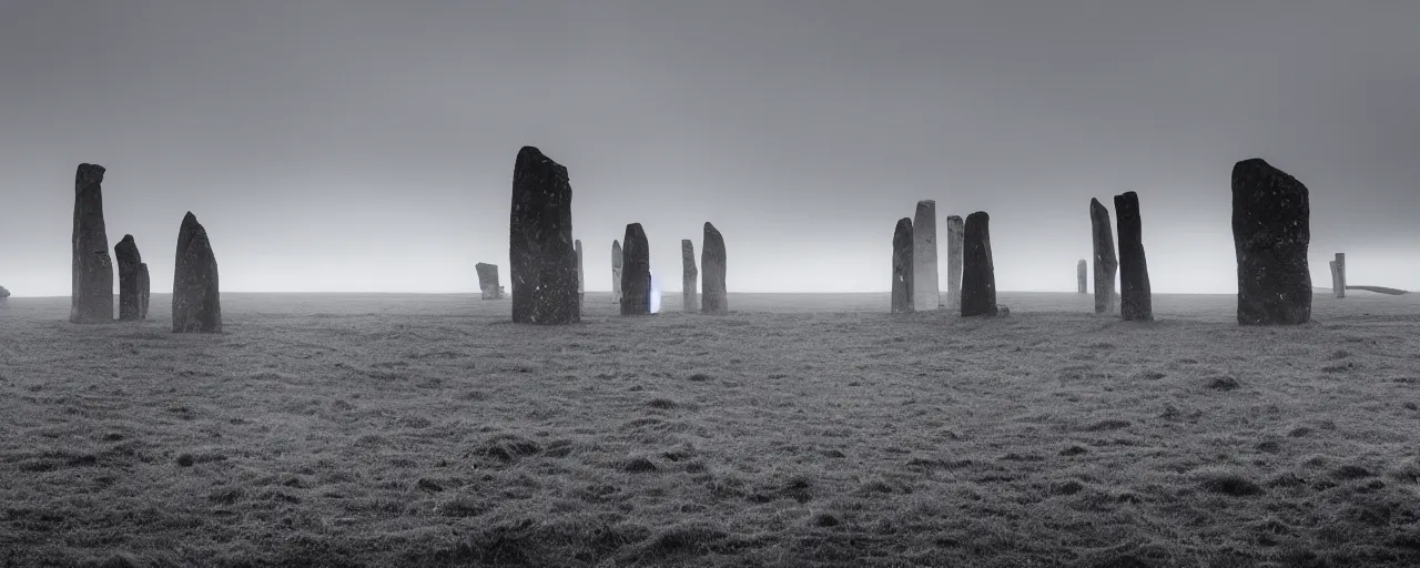 Prompt: 'a giant windfarm stands among neolithic standing stones of stenness, haunting, fog, grainy, snowing, atmospheric clouds'