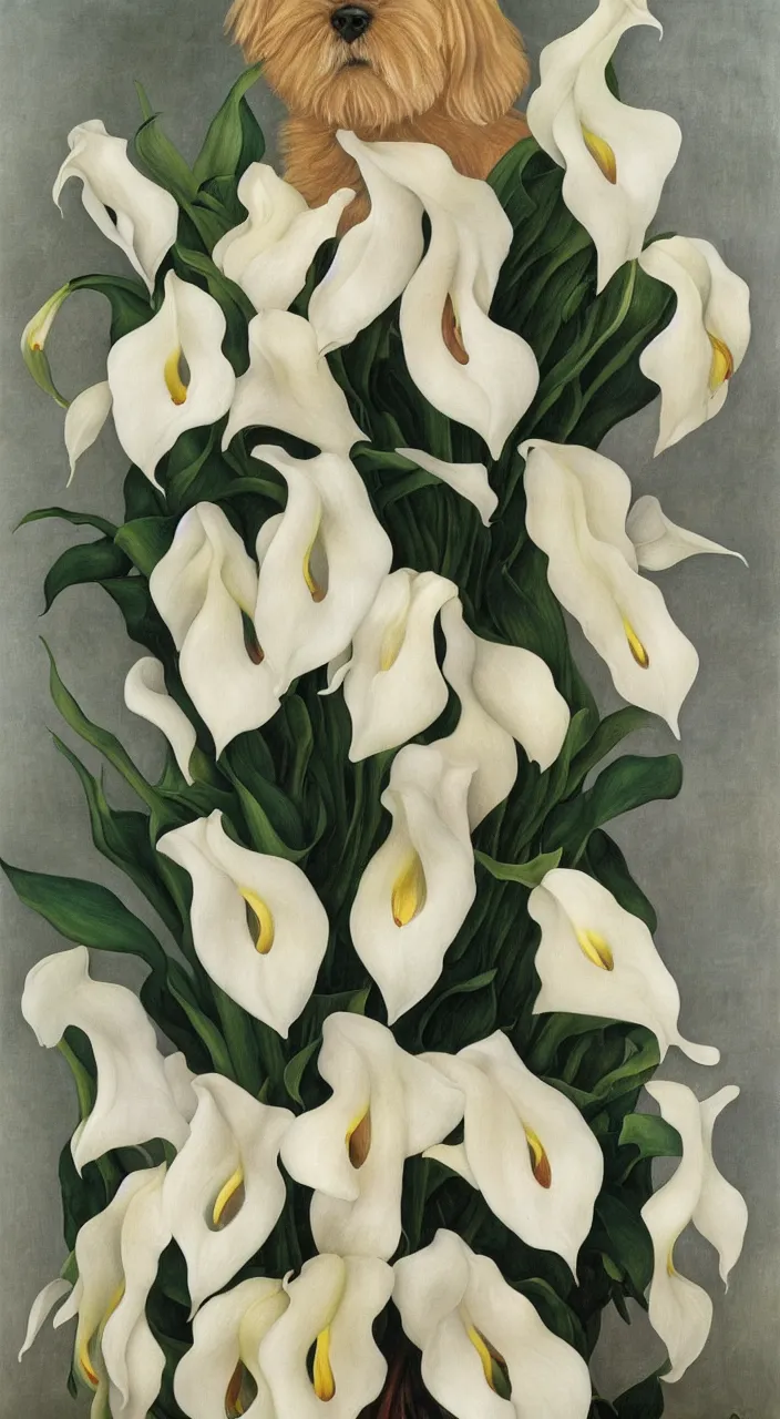 Image similar to portrait of a cream colored havanese dog with a bouquet of calla lillies, mexico, painting by diego rivera realism 1 9 3 5