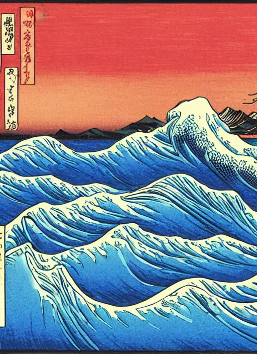 Image similar to a painting of waves in the ocean with mountains in the background, a woodcut by utagawa hiroshige ii, pixiv, ukiyoe, ukiyoe, vaporwave, woodcut