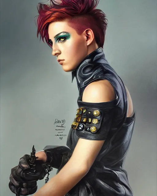 Prompt: a portrait of a beautiful androgynous punk girl with short hair and beautiful eyes, beautiful face, wearing tall combat boots, who is a mechanic wearing baggy leather overalls, digital concept art, detailed digital painting, by j. c. leyendecker and edward blair leighton and charlie bowater, trending on artstation