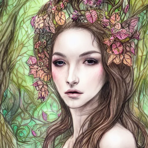 Prompt: a drawing of a beautiful woman dressed in flowers and leaves standing in an enchanted forest, high fantasy, elegant, epic, detailed, intricate, pencil and watercolor, concept art, realistic detailed face, smooth, focus, rim light,