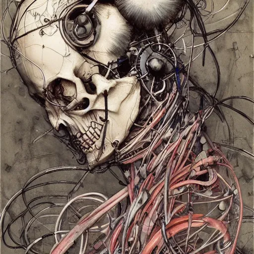 Image similar to skulls cyberpunk skulls wires cybernetic implants, in the style of adrian ghenie, esao andrews, jenny saville,, surrealism, dark art by james jean, takato yamamoto