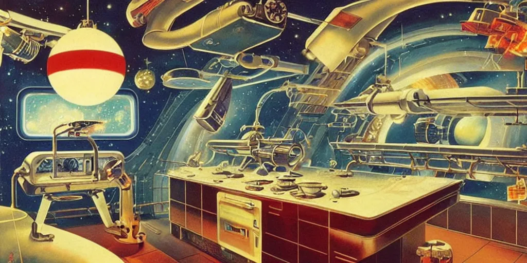 Prompt: soviet retro - futuristic kitchen, space station by drew struzan