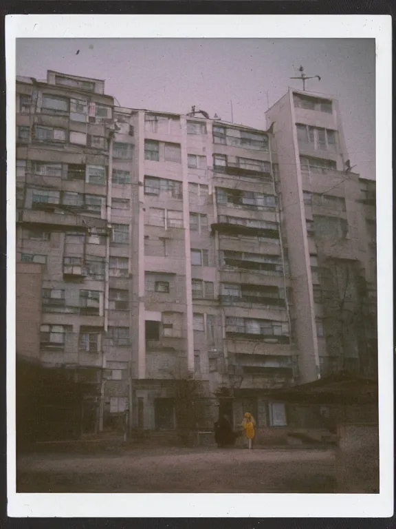 Prompt: polaroid photo of low residential building in russian suburbs, lights are on in the windows, deep night, post - soviet courtyard, cozy atmosphere, light fog, street lamps with orange light, several birches nearby, several elderly people stand at the entrance to the building