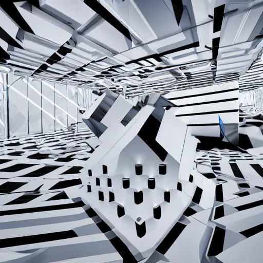 Prompt: Exhibiton with guests and terminals with several geometric shapes in endless dark cube with white contours. Realistic Concept Art photography