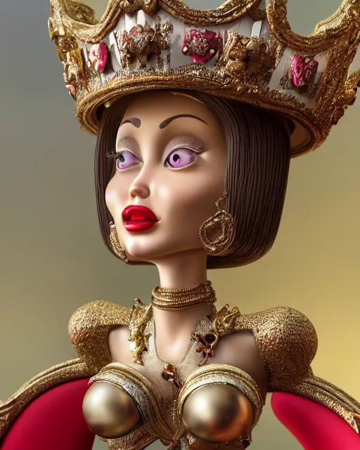Prompt: highly detailed closeup, face profile portrait of a tin toy angelina jolie as a fairytale princess wearing a crown and sitting on a throne, bikini, depth of field, nicoletta ceccoli, mark ryden, lostfish, max fleischer, breathtaking, detailed and intricate environment, 8 k resolution, hyperrealistic, octane render