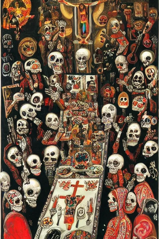 Prompt: scene from a orthodox church, celebrating day of the dead, cyber skeletons eating their brains out at a long crucifix - shaped table, queen in black silk in the center neon painting by otto dix