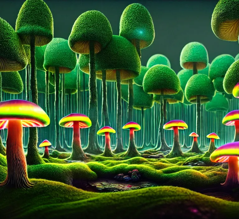 Image similar to hyperrealism photography hyperrealism concept art of highly detailed glowing with a different species of mushrooms and fungi, rainbow of colors in forest at night highly detailed futuristic ( fantasycore ) city by wes anderson and hasui kawase and scott listfield sci - fi style hyperrealism rendered in blender and octane render volumetric natural light