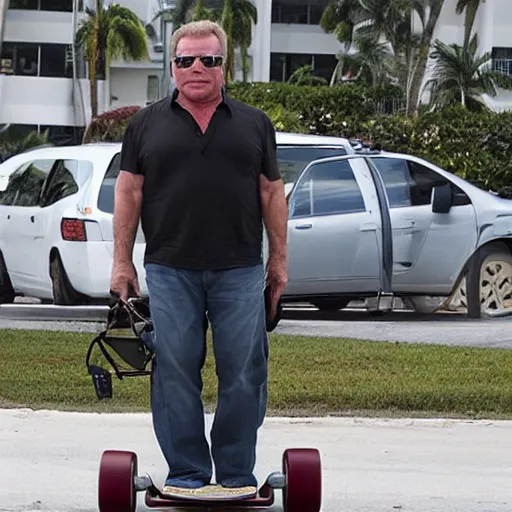 Image similar to william shatner with no limbs on a skateboard in miami