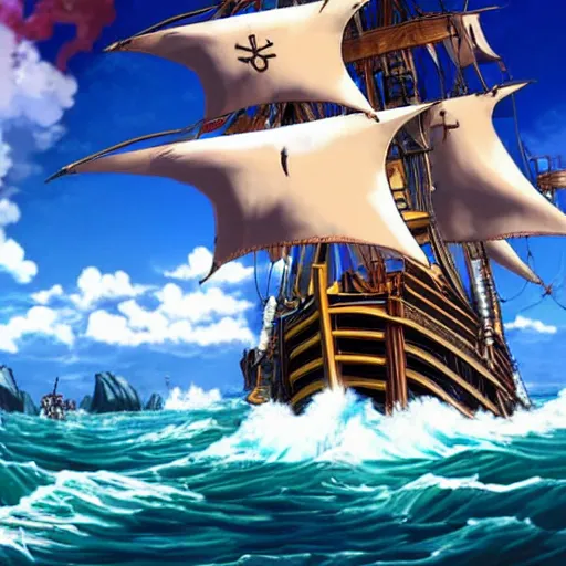 Image similar to emmanuel macron in a pirate boat, in One Piece Anime Series, 4k Resolution.