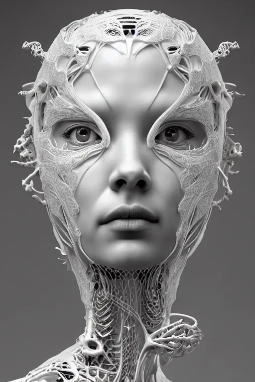 Image similar to bw 3 d render, stunning beautiful young biomechanical albino female cyborg with a porcelain profile face, angelic, rim light, big leaves and stems, roots, fine foliage lace, alexander mcqueen, art nouveau fashion embroidered, steampunk, silver filigree details, hexagonal mesh wire, mandelbrot fractal, elegant, artstation trending