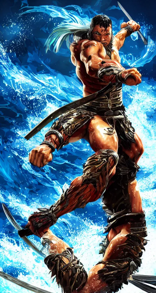 Image similar to man, warrior with katana of water wave, full body, water fists of fury, crazy hate face, jumping leaping heroic attack, action scene, kimi no yiba, ultra detailed, 4 k