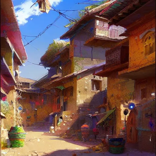 Image similar to colorful Kurdish village, anime, a fantasy digital painting by Greg Rutkowski and James Gurney, trending on Artstation, highly detailed