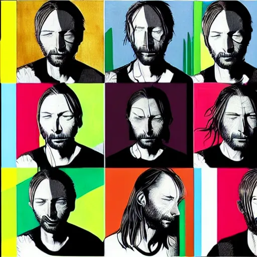 Prompt: versions collage of variations, hyper realistic, many variations of thom yorke, face variations, various emotions, various poses, high quality, brush stroke, intricate details, beautiful lighting