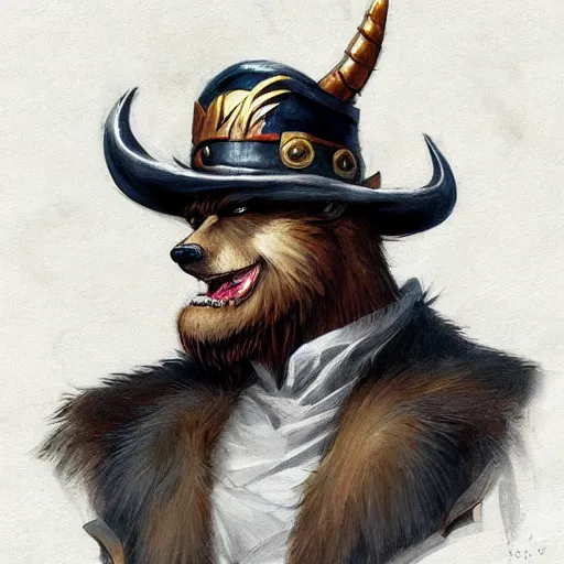 Image similar to dashing charming grinning charismatic bear beast-man rogue, wearing captain's tricorne hat, naval background, amazing, lifelike award winning pencil illustration trending on art station artgerm Greg rutkowski cinematic