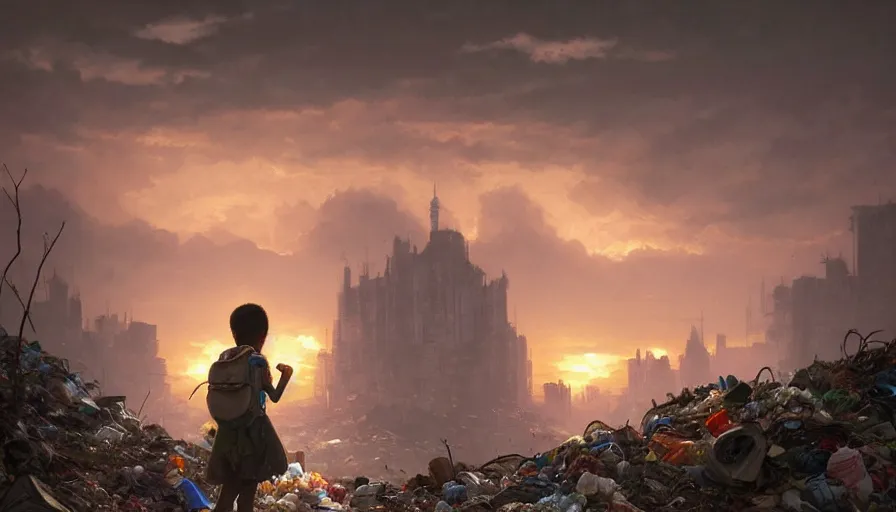 Image similar to poor detailed child with backpack looking for food at garbage dump, city is pure wasteland, moody sunset in background, greg rutkowski, alphonse mucha, trending on artstation, artgerm, unreal engine, breathtaking, award winning, highly detailed