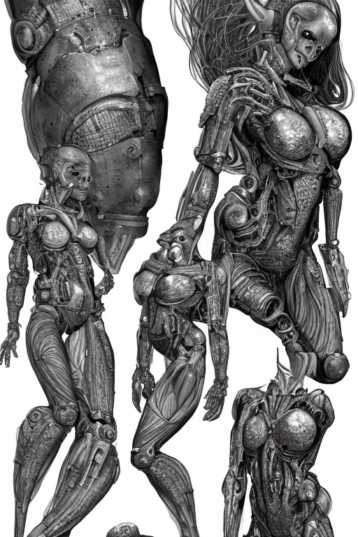 Image similar to cyborg mermaid with gunmetal grey skin, medical anatomy, very symmetrical face, highly detailed, mecha, three - perspective / three - view reference sheet ( front / back / side ), in the style of james gurney, dan ouellette, hr giger, sil from species, dren from splice, biomechanical, artstation, unreal engine