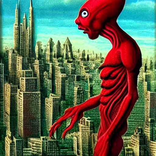 Image similar to A beautiful illustration of a strange, red alien creature looming over a green cityscape. The alien has several eyes and one mouth and its body is covered in scales. It seems to be coming towards the viewer, who is looking up at it in fear. By Max Ernst and Maciej Rebisz